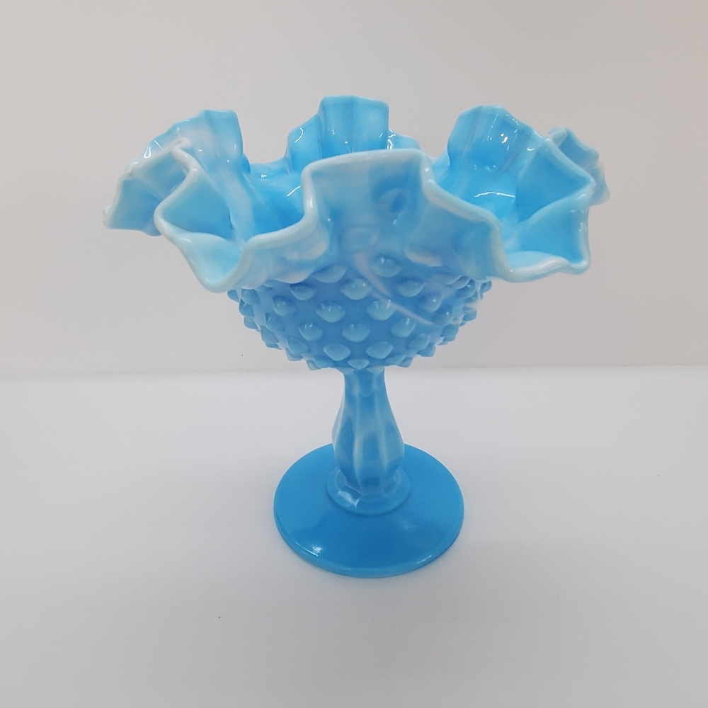 Vintage Fenton Blue & White Swirled Ruffled Hobnail Slag Glass Compote D….